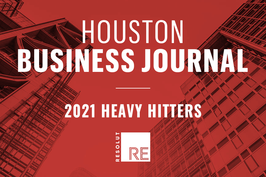 White text on a red background, “Houston Business Journal, 2021 Heavy Hitters.” White RESOLUT RE logo.
