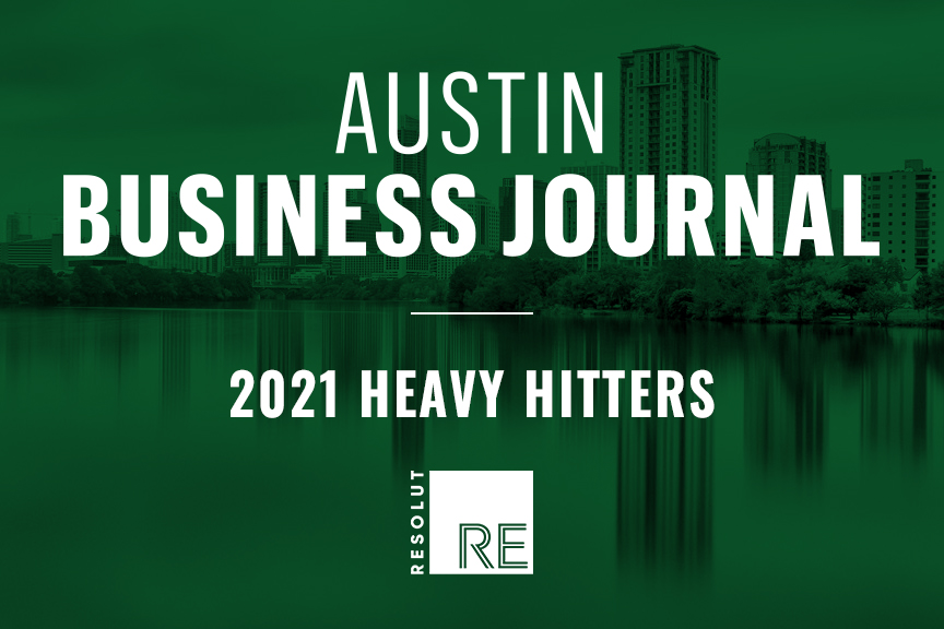 White text on a green background, “Austin Business Journal, 2021 Heavy Hitters.” White RESOLUT RE logo.