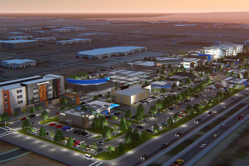 Mixed-use development exterior. Aerial concept artwork; Max Q, Albuquerque, NM.