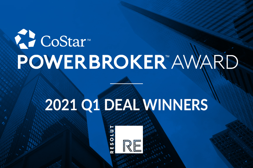 White text on a blue background, “CoStar Powerbroker Award, 2021 Q1 Deal Winners.” White RESOLUT RE logo.