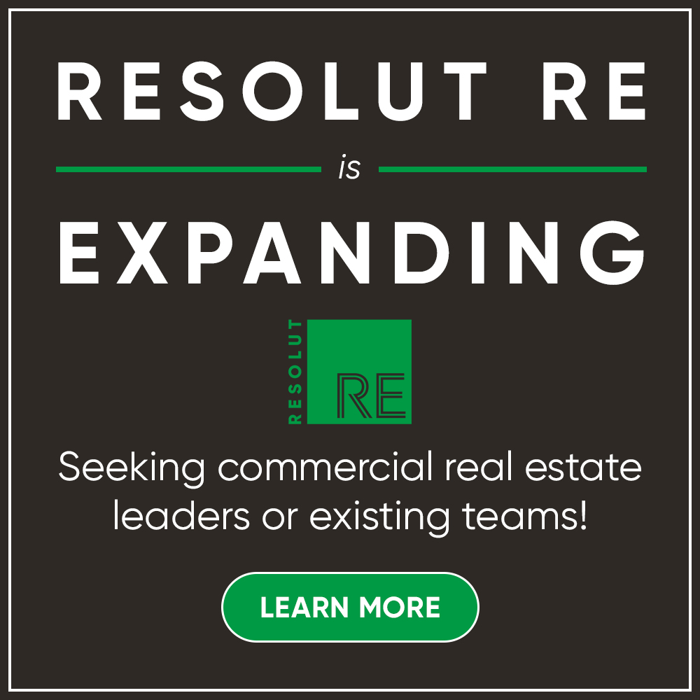 White text on a dark grey background, “RESOLUT RE is EXPANDING.” Green “LEARN MORE” button.