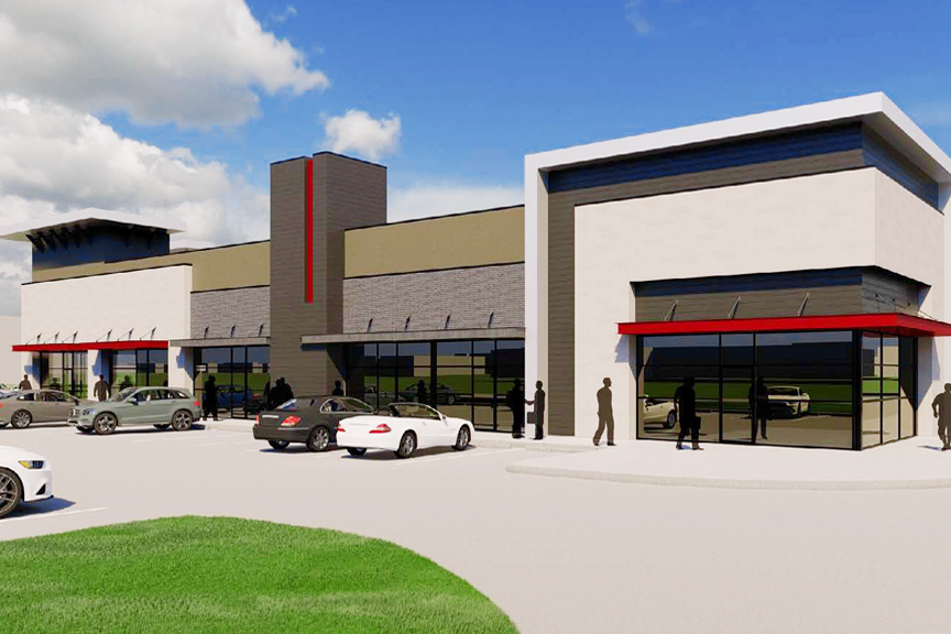 Exterior concept artwork of the Hollyhock Crossing retail center, Frisco, TX.