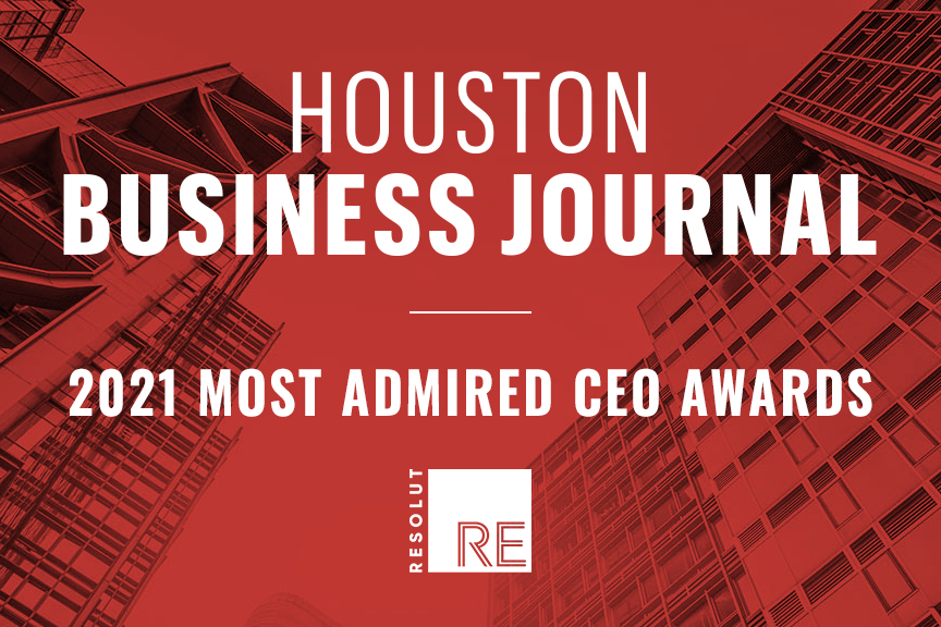 White text on a red background, “Houston Business Journal, 2021 Most Admired CEO Awards.” White RESOLUT RE logo.