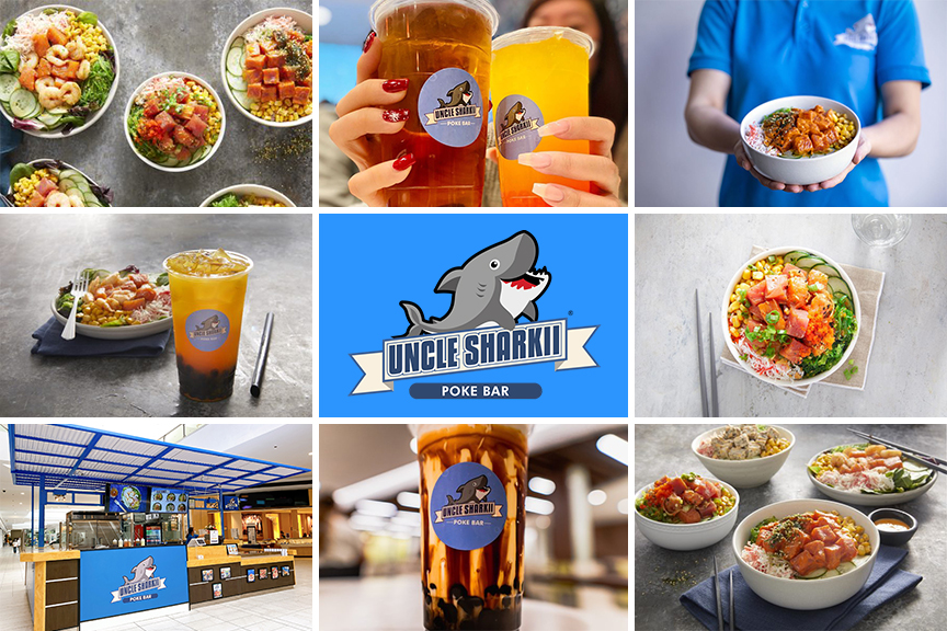 Collage featuring Uncle Sharkii Poke Bar bowls, drinks, and exterior retail locations.