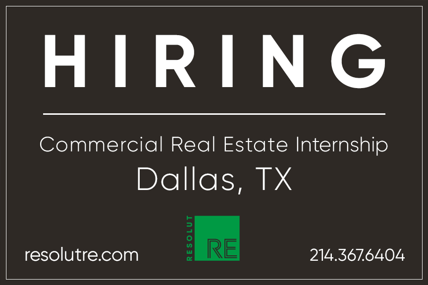 White text on a dark grey background, “HIRING. Commercial Real Estate Internship. Dallas, TX.”