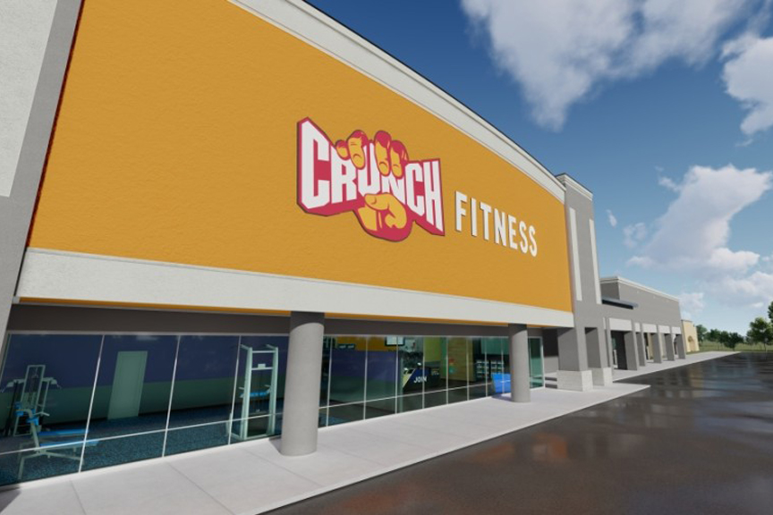 Exterior concept artwork of a Crunch Fitness franchise location. Orange logo.