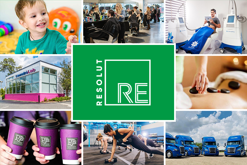 Collage featuring closed RESOLUT RE deals. Images include a smiling boy, a busy salon, PJ's coffee cups, and a row of blue semi trucks.