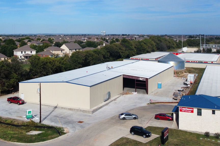 Aerial view of several industrial buildings at FM 1460 Biz Park in Georgetown, TX.