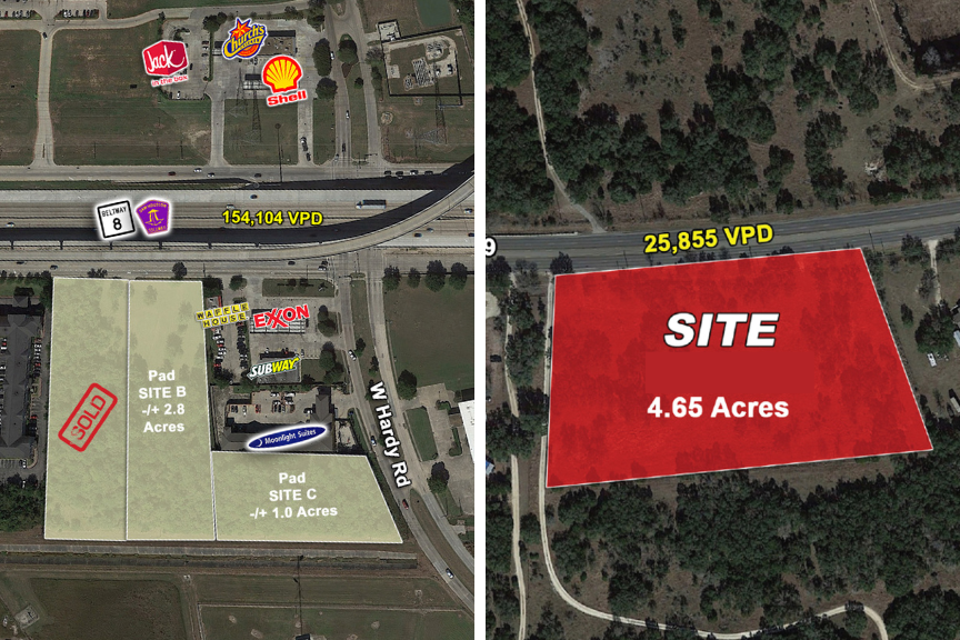 Aerial images of two land sales that occurred in Houston and Georg town, Texas.