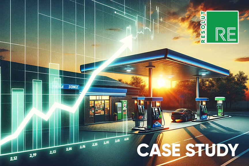 Artistic banner featuring RESOLUT RE logo, the words "case study" and a gas station with an upward graph symbolizing economic growth in the fuel industry, set against a vibrant sunset. AI Generated